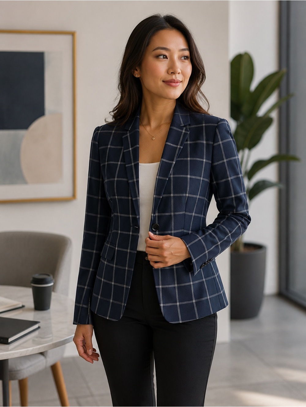 Banana Republic Navy Blue Windowpane Plaid Blazer Jacket Size 2